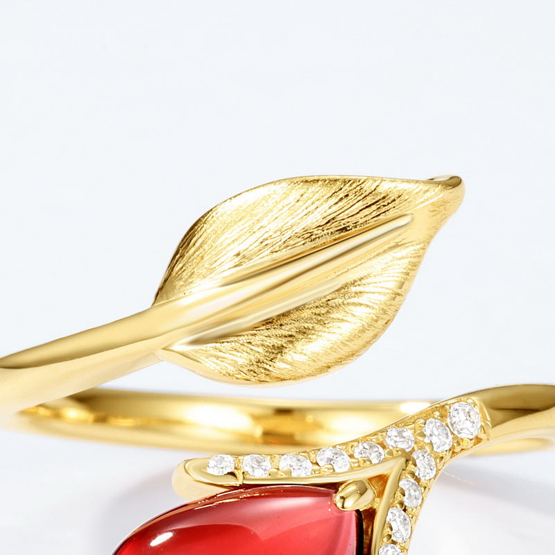 S925 Sterling Silver Gold-Plated Garnet Leaf Shape Ring
