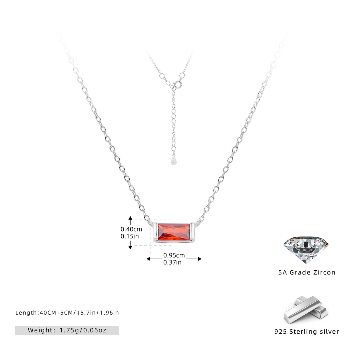Rectangular colored zircon s925 sterling silver December birthstone collar necklace