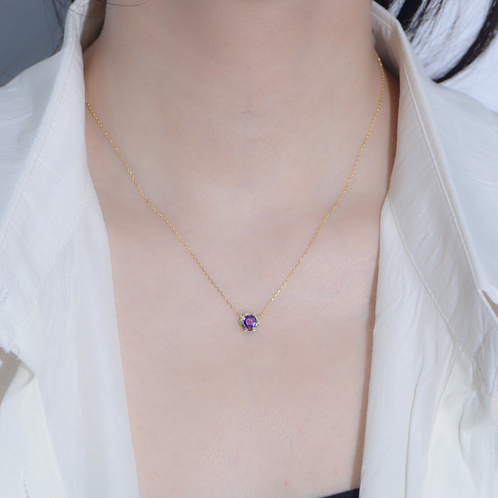 S925 Sterling Silver Hexagonal Amethyst Zircon Pendant Necklace