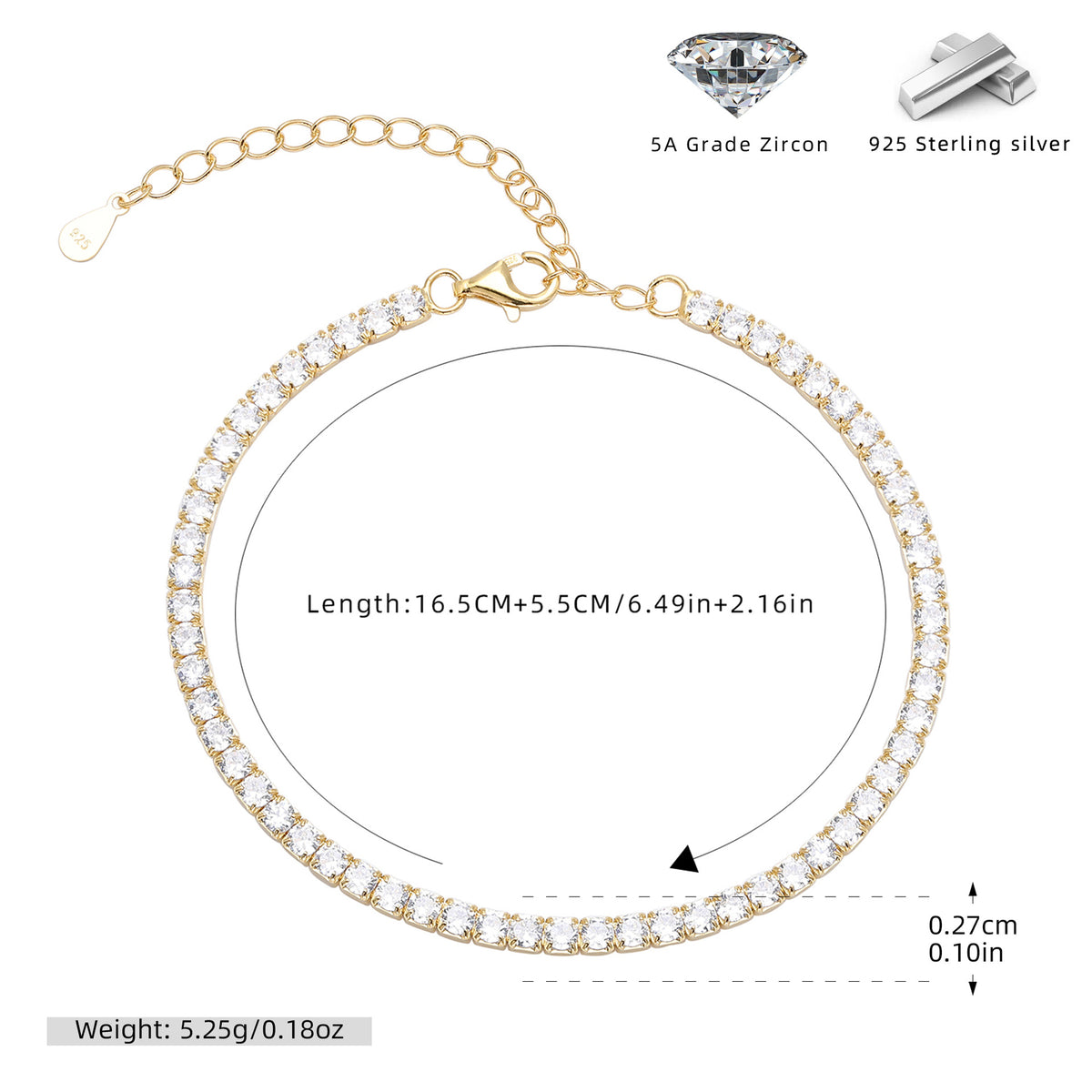 S925 Sterling Silver Four-Prong Cubic Zirconia Bracelet