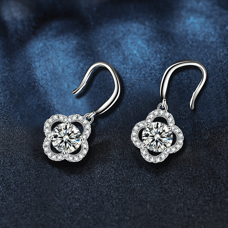 Moissanite earrings, 925 sterling silver four-leaf clover ear hooks