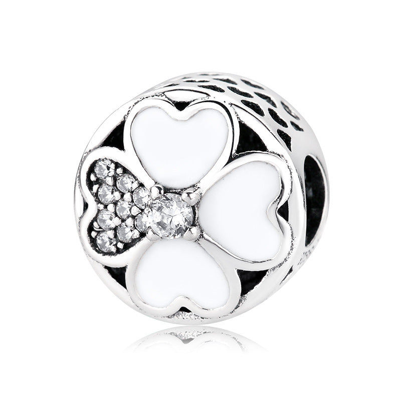 S925 Sterling Silver Round Four Leaf Clover Zircon Inlaid Bead Pendant