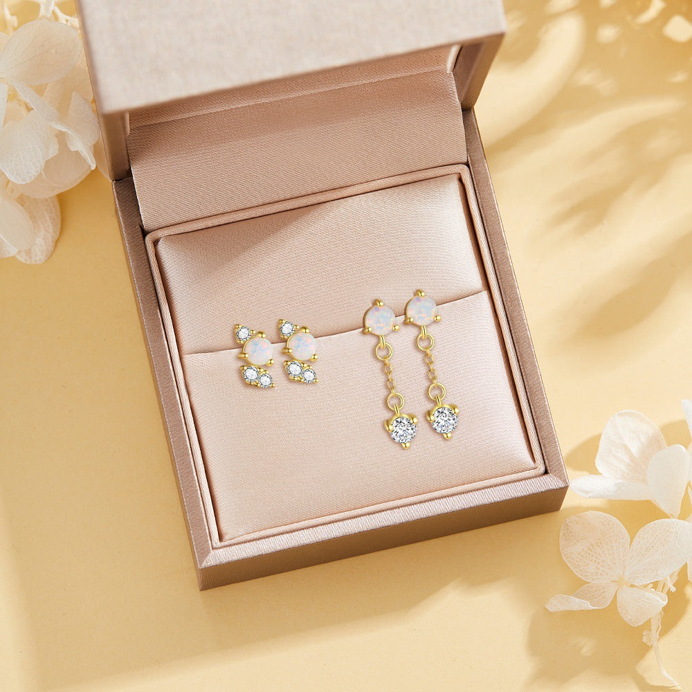 S925 Sterling Silver Opal and Zircon Stud Earrings