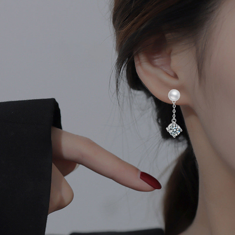 925 Sterling Silver Classic Four-Prong Moissanite and Natural Freshwater Pearl Stud Earrings