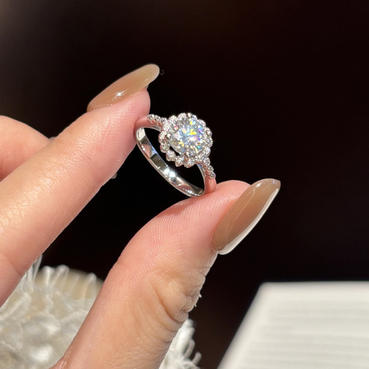 S925 Silver Flower Ring with Colored Moissanite