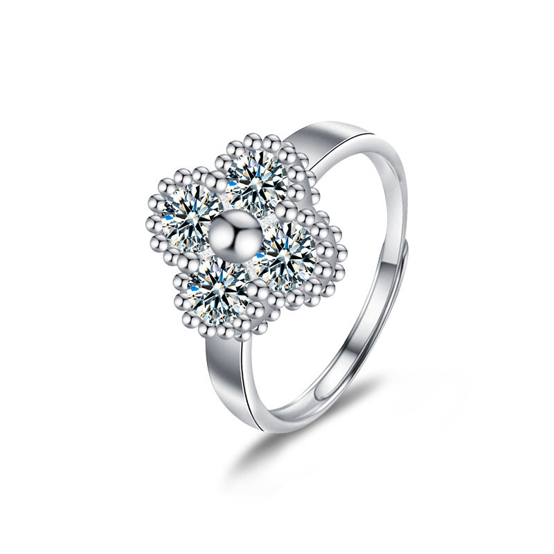 S925 Sterling Silver Four Leaf Clover Moissanite Ring