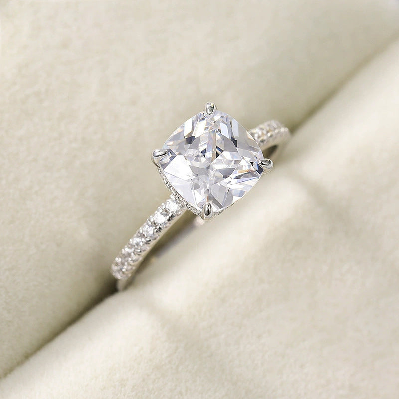S925 silver four-claw 9 × 9 pillow 4-carat zircon ring