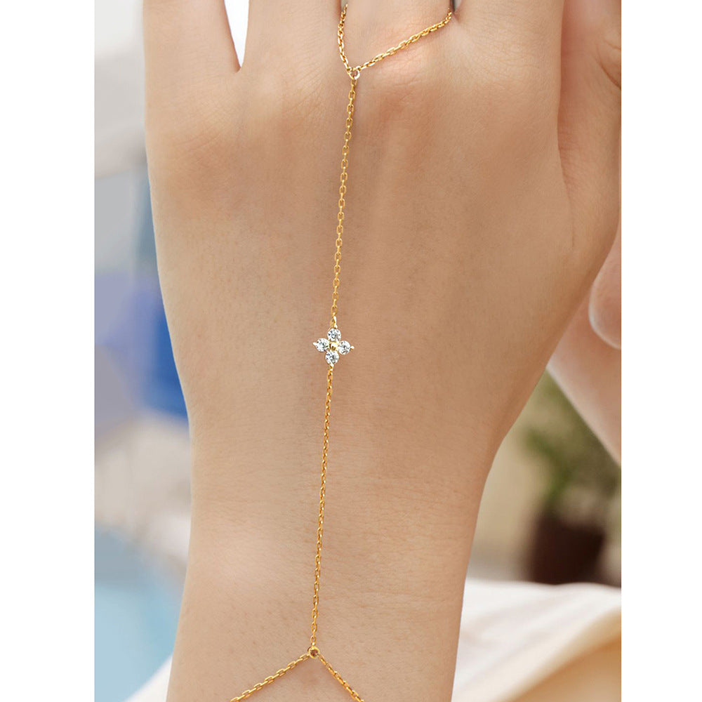 S925 Sterling Silver Four Leaf Clover Zircon Pendant Finger Chain Bracelet