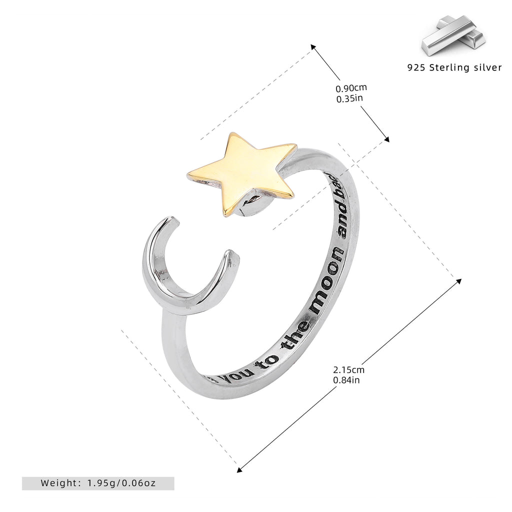 Stylish and unique S925 sterling silver ring with rotating five-pointed star and moon design