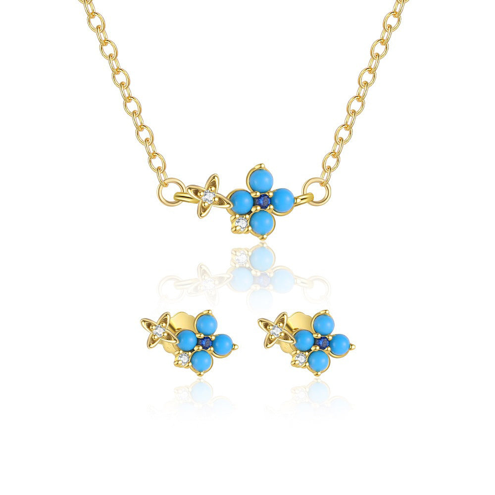 S925 Sterling Silver Turquoise Stud Earrings and Necklace Set