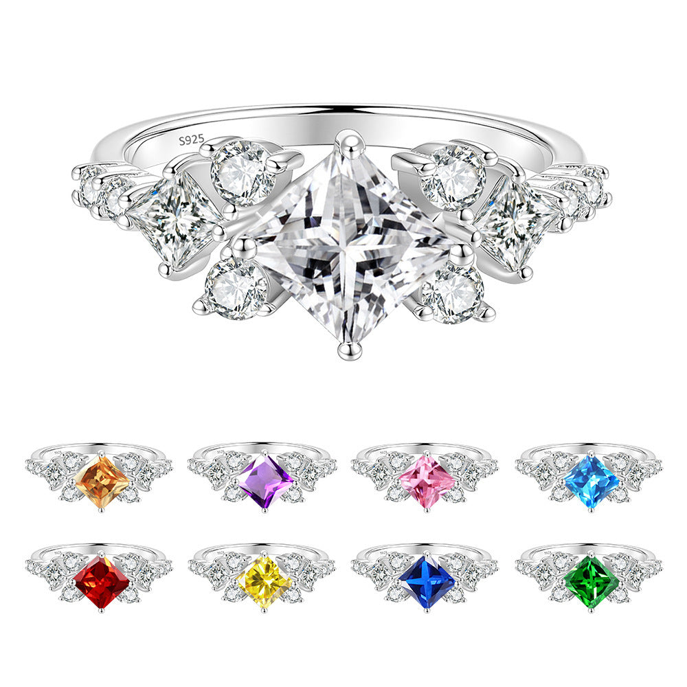 S925 Silver Ring with Colorful Square Moissanite