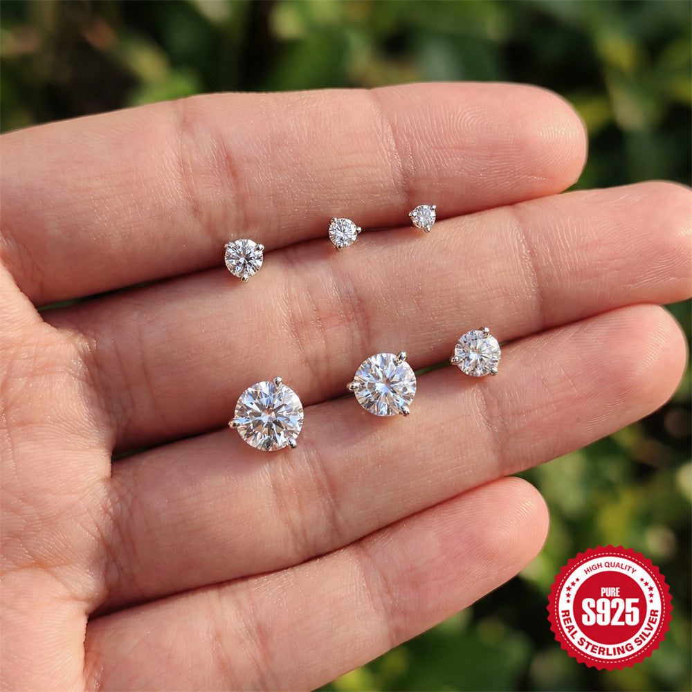 S925 Sterling Silver Moissanite Three-Prong Earrings