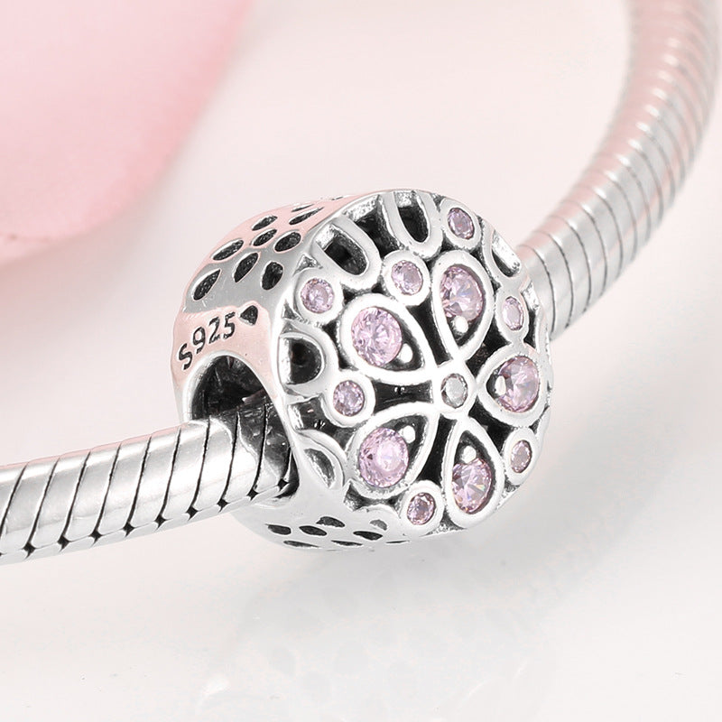 S925 Sterling Silver Inlaid Pink Diamond Hollow Flower Beaded Zircon Pendant