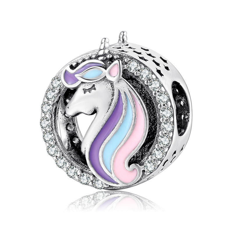 S925 Sterling Silver Unicorn Bead Pendant with Zircon Trim