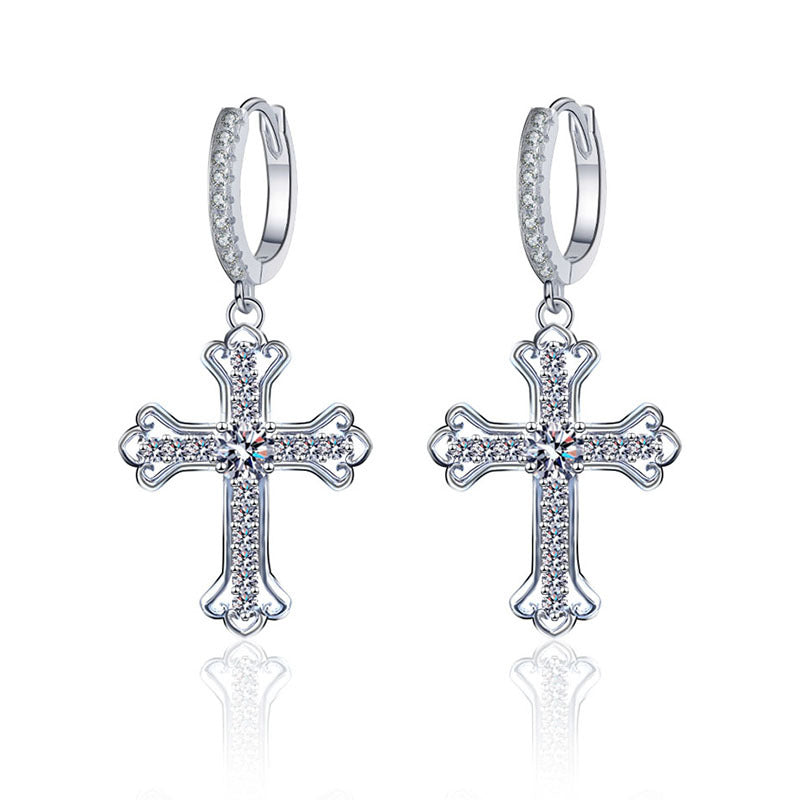 925 Sterling Silver Moissanite Cross Earrings