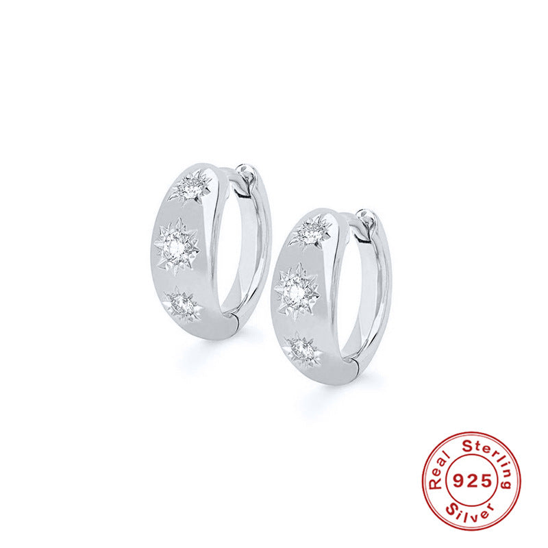 S925 Sterling Silver Octagonal Star Textured Hoop Earrings with Zirconia Inlay
