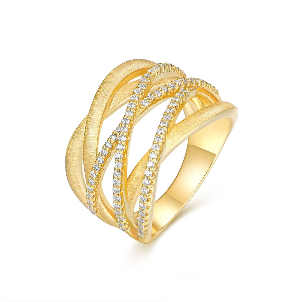 S925 Silver Gold-Plated Brushed-Finish Crisscross Openwork Moissanite Ring
