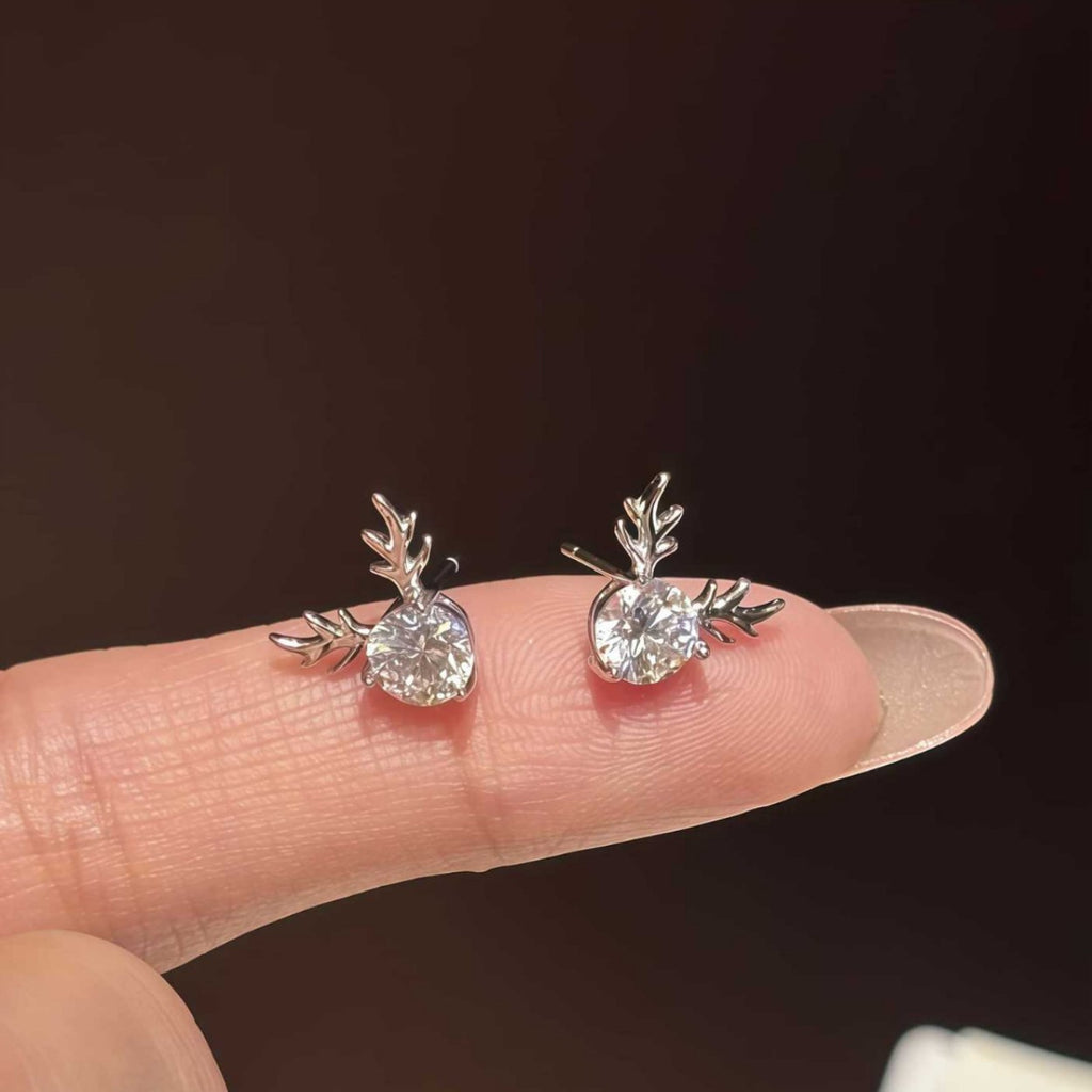 S925 Sterling Silver "Always With You" Reindeer Antler Moissanite Stud Earrings
