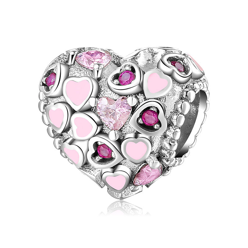 S925 Sterling Silver Heart Bead Pink Zircon Pendant