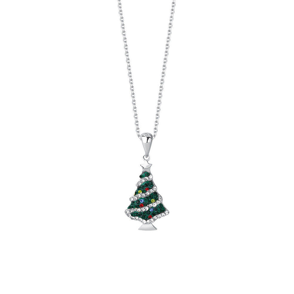 S925 Sterling Silver Christmas Tree Necklace with Colorful Zirconia