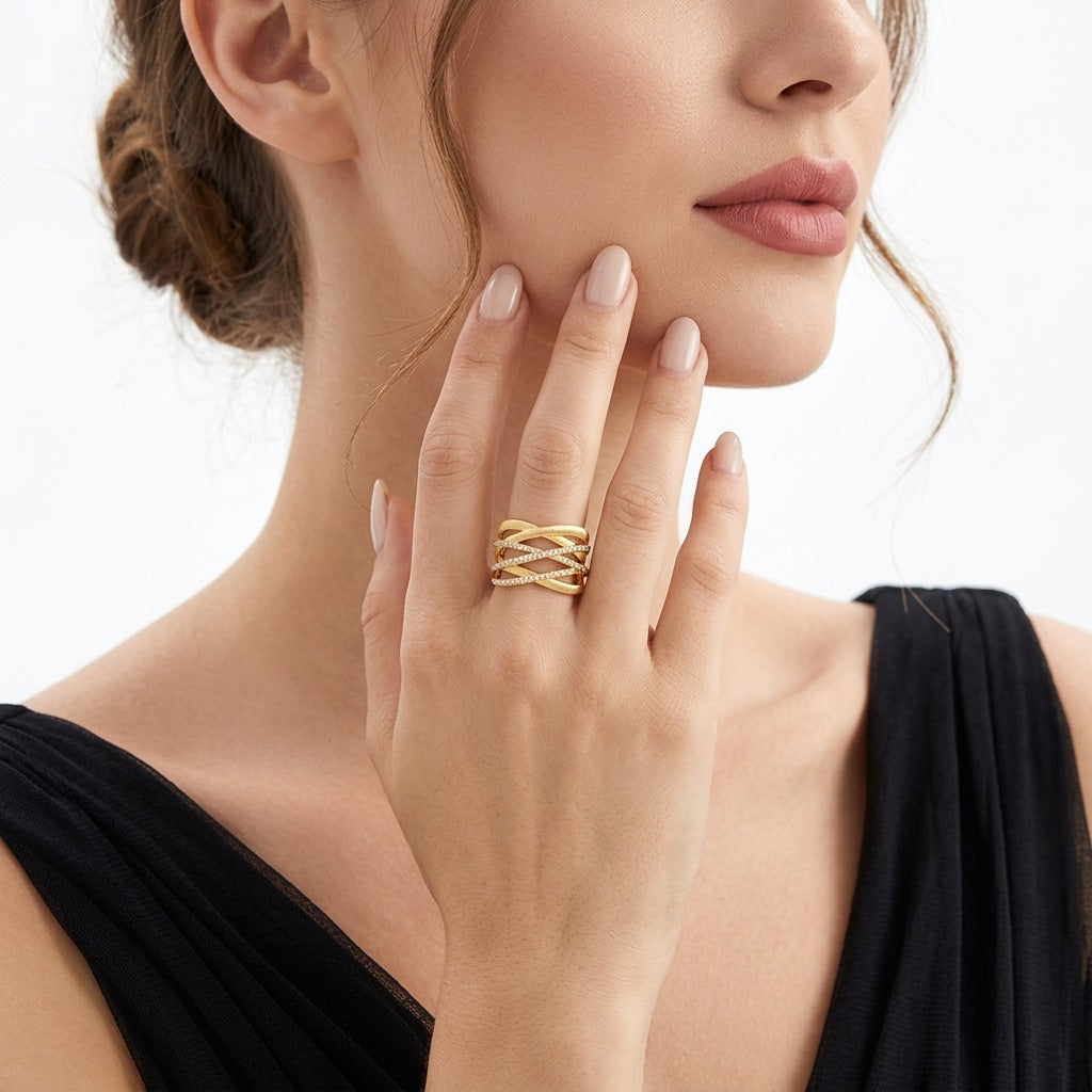 S925 Silver Gold-Plated Brushed-Finish Crisscross Openwork Moissanite Ring