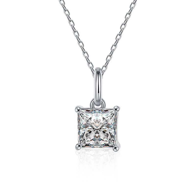 S925 Sterling Silver Moissanite Princess Square Simple Pendant Necklace