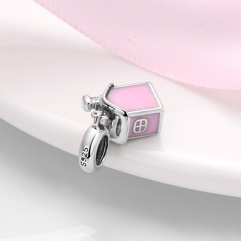 S925 Sterling Silver Pink Love Heart House Pendant