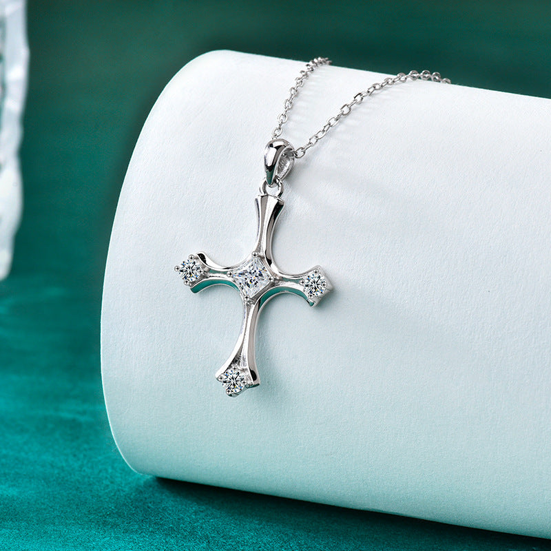 S925 Sterling Silver Moissanite Cross Square Pendant Necklace