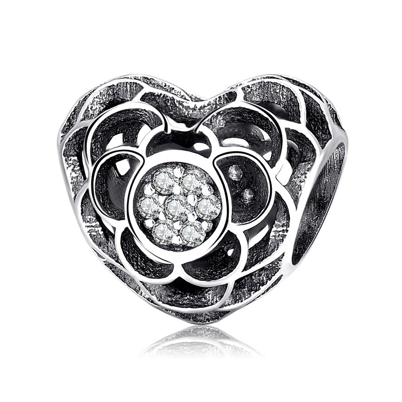S925 Sterling Silver Hollow Heart Flower Bead Pendant