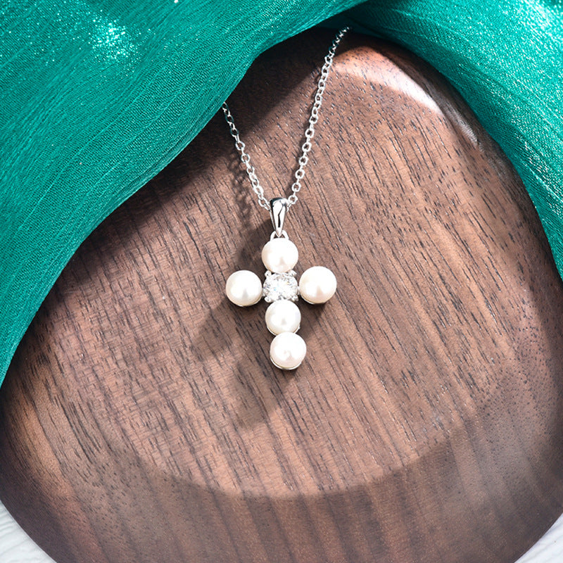 S925 Sterling Silver Moissanite Cross Pearl Pendant Necklace