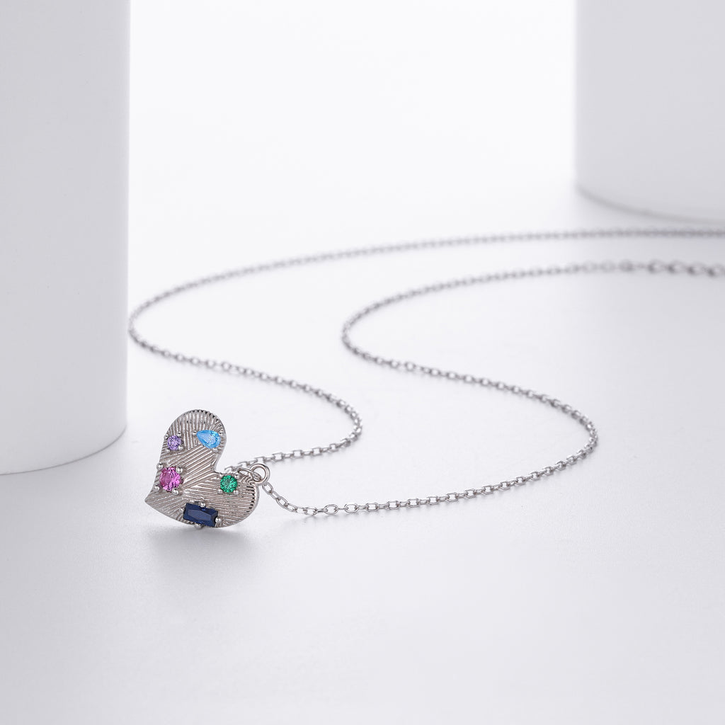S925 Sterling Silver Heart Necklace Inlaid with Colored Zirconium