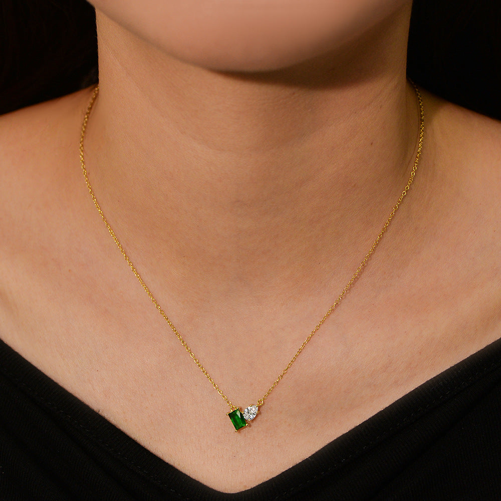 S925 Sterling Silver Inlaid Emerald Rectangular Water Drop Zircon Necklace