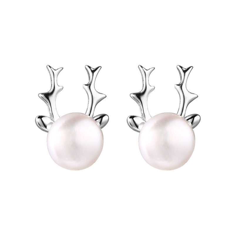 S925 Sterling Silver Christmas Reindeer and Natural Freshwater Pearl Stud Earrings