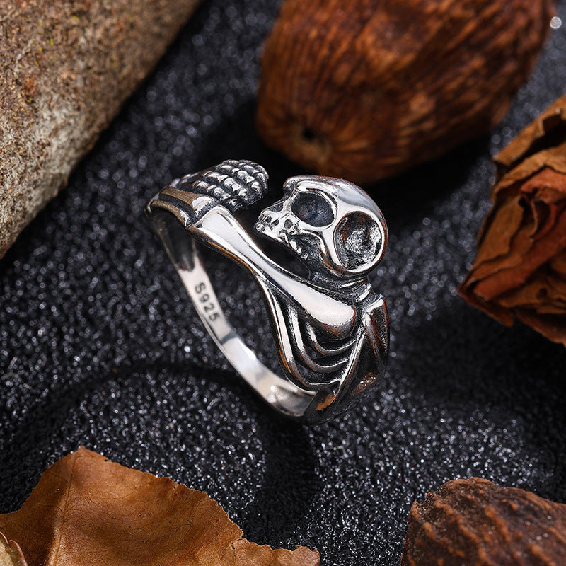 S925 Sterling Silver Halloween Distressed Skull and Skeleton Ring