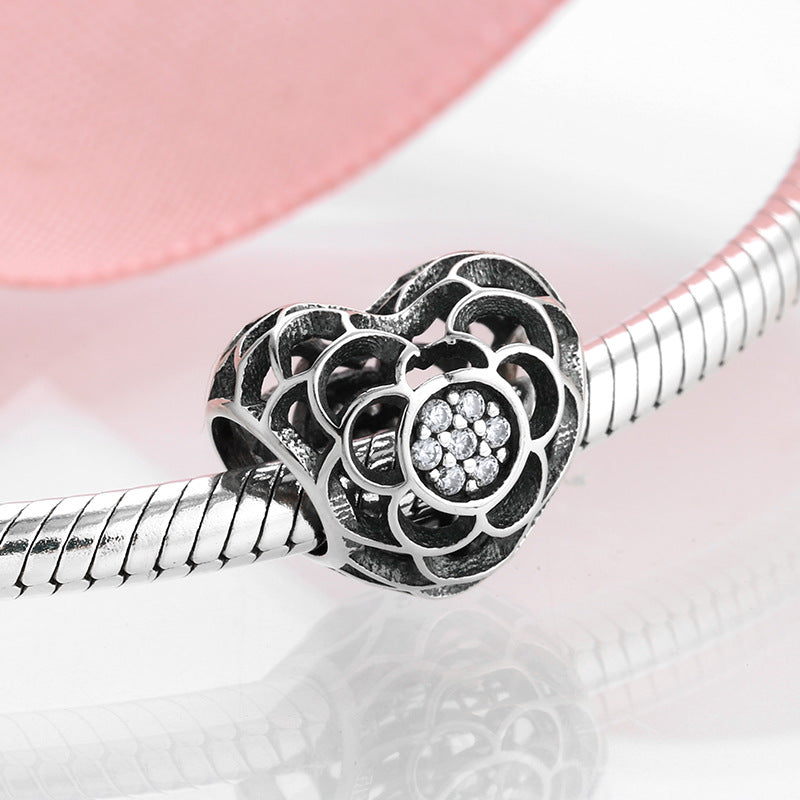 S925 Sterling Silver Hollow Heart Flower Bead Pendant