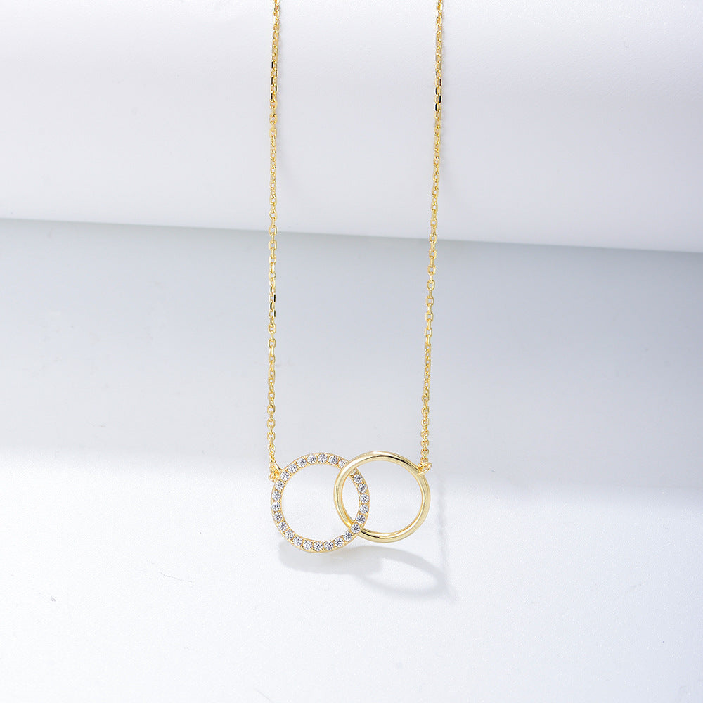S925 Sterling Silver Simple Zircon Inlaid Double Circle Double Ring Necklace