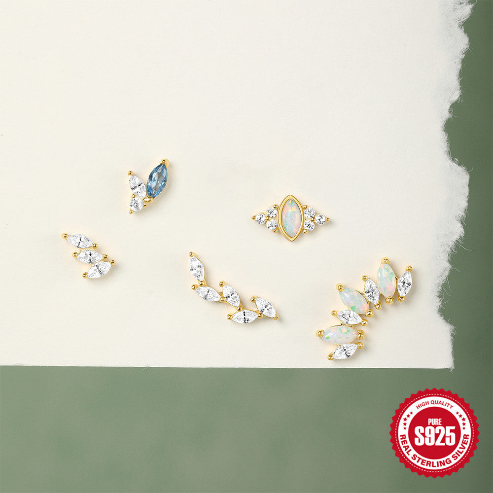 S925 Sterling Silver Heart-Shaped Stud Earrings with Marquise-Cut Zirconia and Flat-Back Threaded Posts
