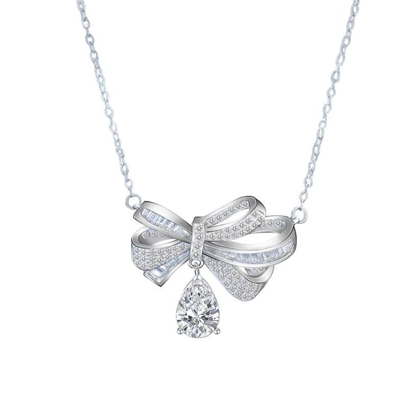 S925 Sterling Silver Tassel Bow Water Drop Moissanite Pendant Necklace