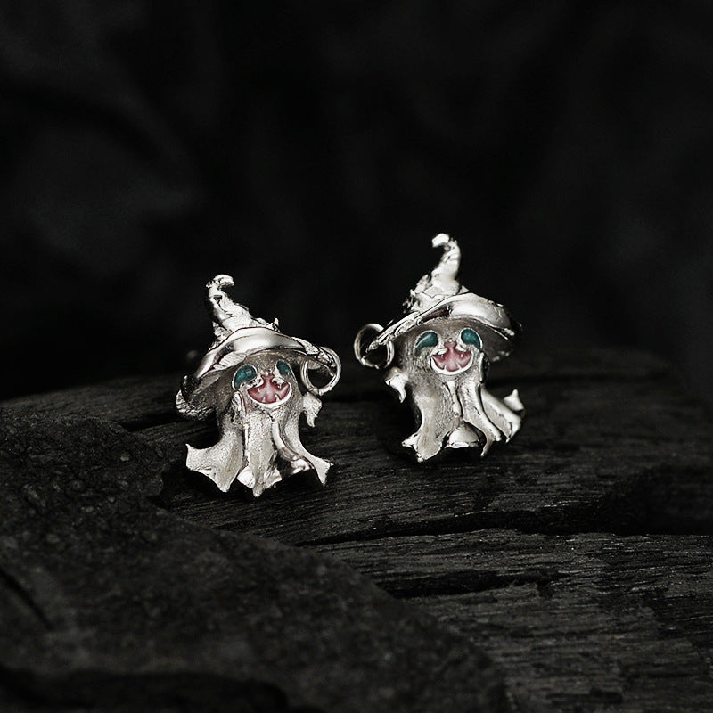 S925 Sterling Silver Whimsical Ghost with Witch Hat Earrings