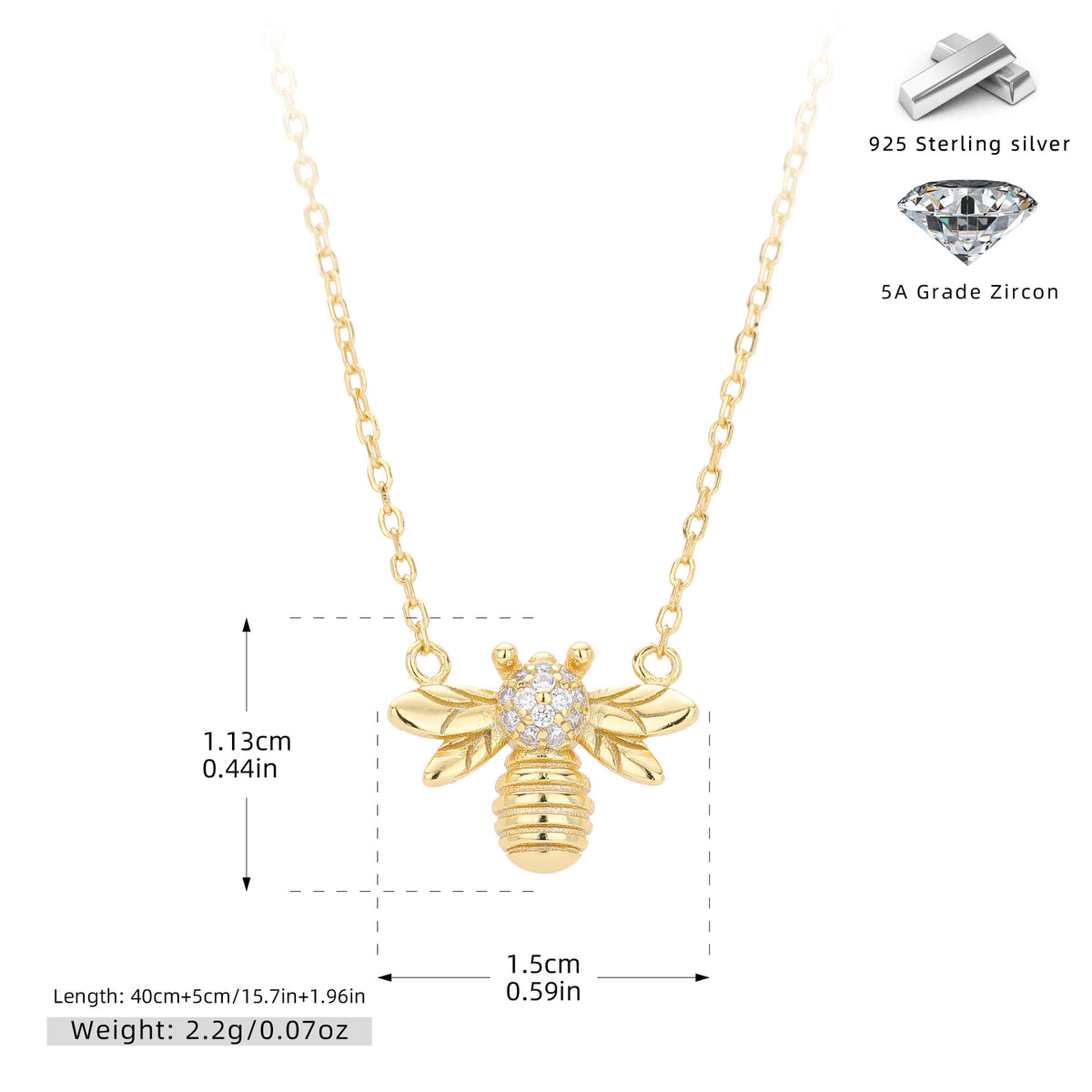 S925 pure silver fashionable zirconia bee-shaped necklace