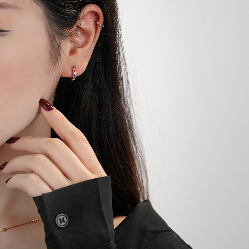 S925 Sterling Silver Round Earrings with Colorful Cubic Zirconia