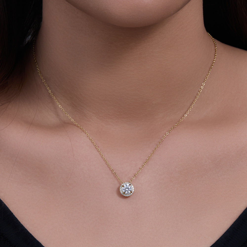 S925 Sterling Silver Diamond-Embedded Round Zircon Necklace