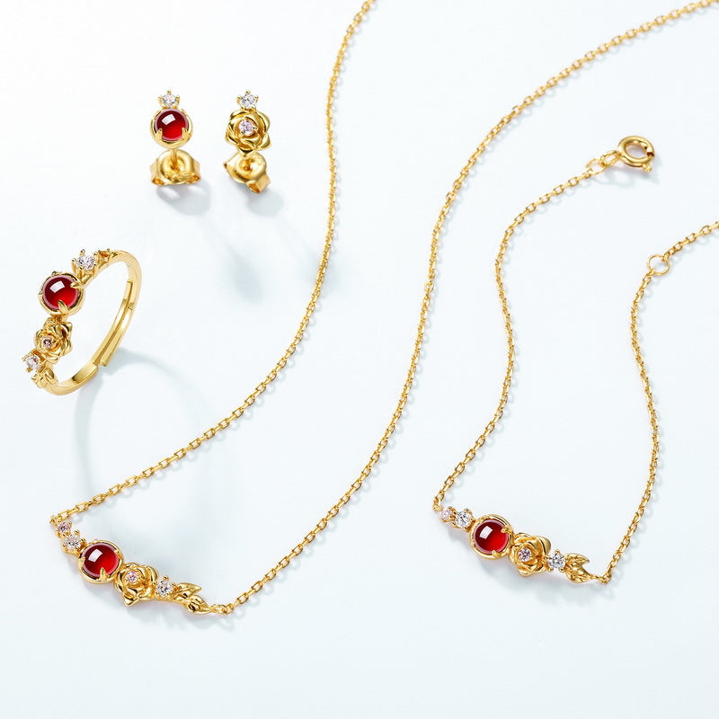 S925 Sterling Silver Gold-Plated Natural Garnet Flower Zirconia Bracelet