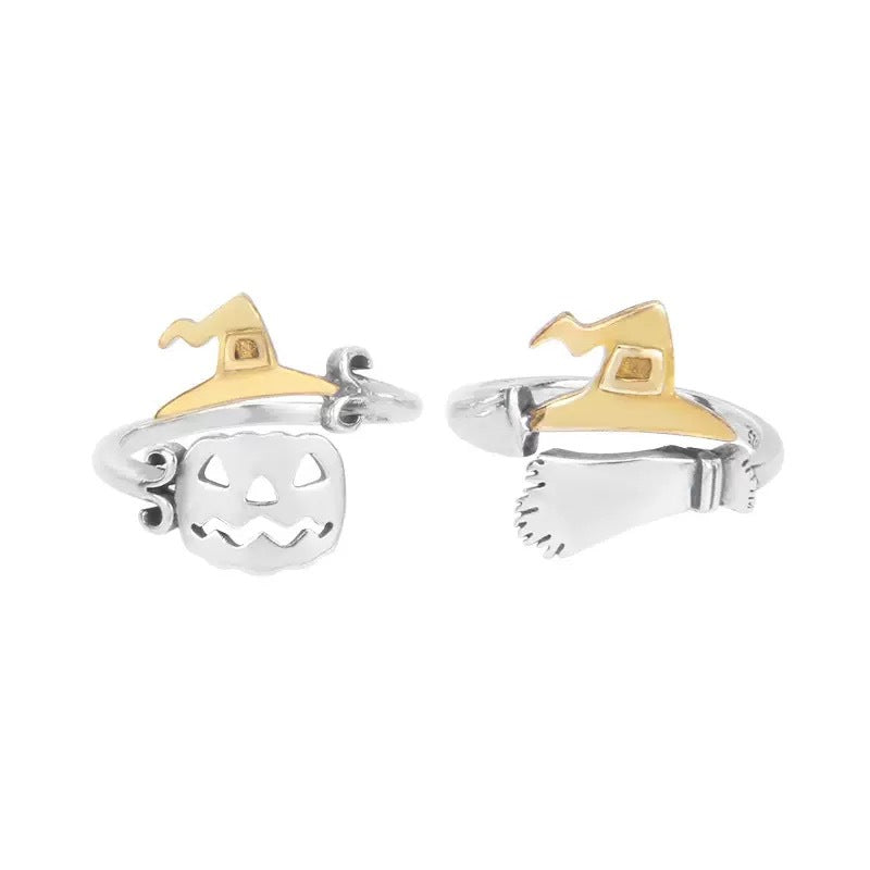 S925 Sterling Silver Halloween Pumpkin, Skull, and Broomstick Open Adjustable Ring