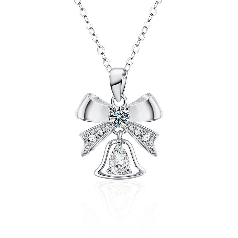S925 Sterling Silver Moissanite Bow Bell Pendant Christmas Necklace
