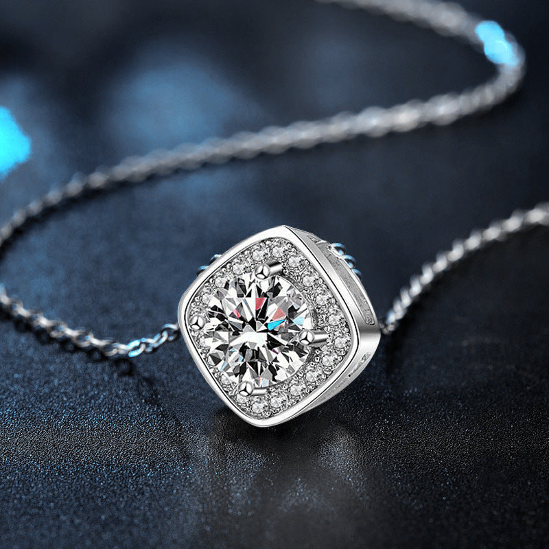 S925 Sterling Silver Moissanite Classic Square Pendant Necklace