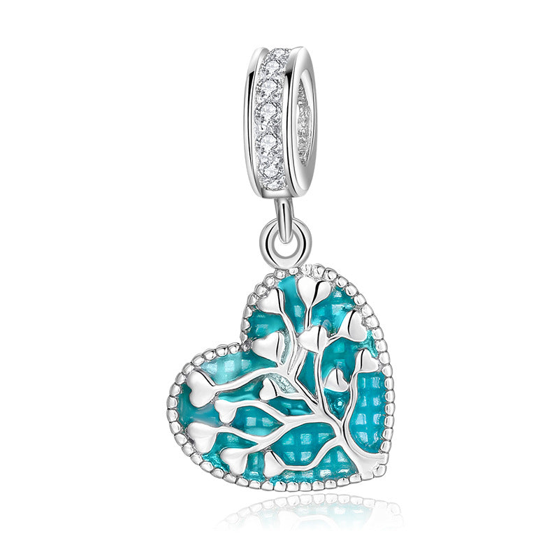 S925 Sterling Silver Heart-Shaped Lucky Tree Blue Enamel Inlaid Hollow Design Pendant