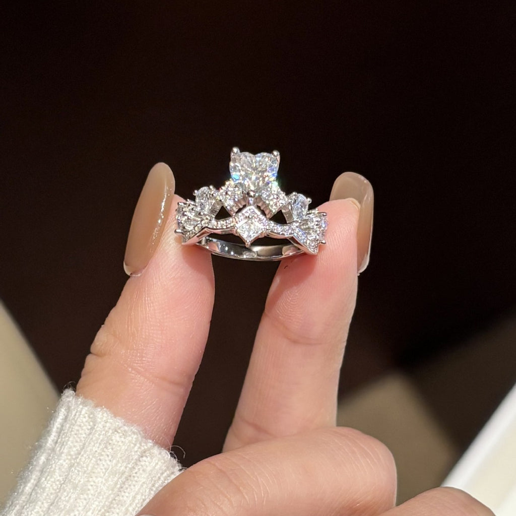 S925 Silver Heart and Crown Ring with Colorful Moissanite
