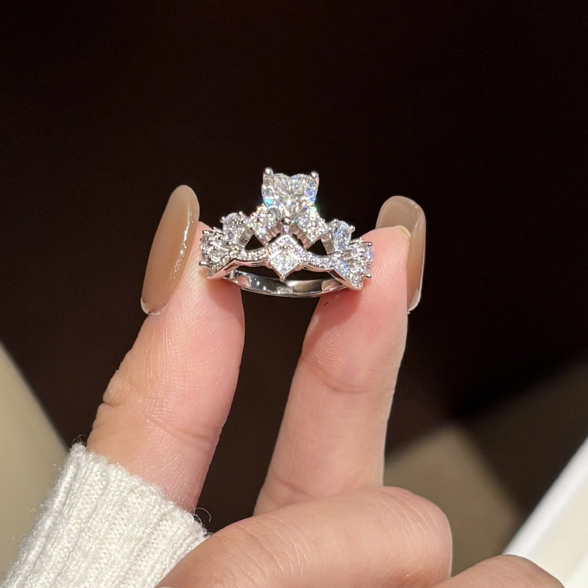 S925 Silver Heart and Crown Ring with Colorful Moissanite