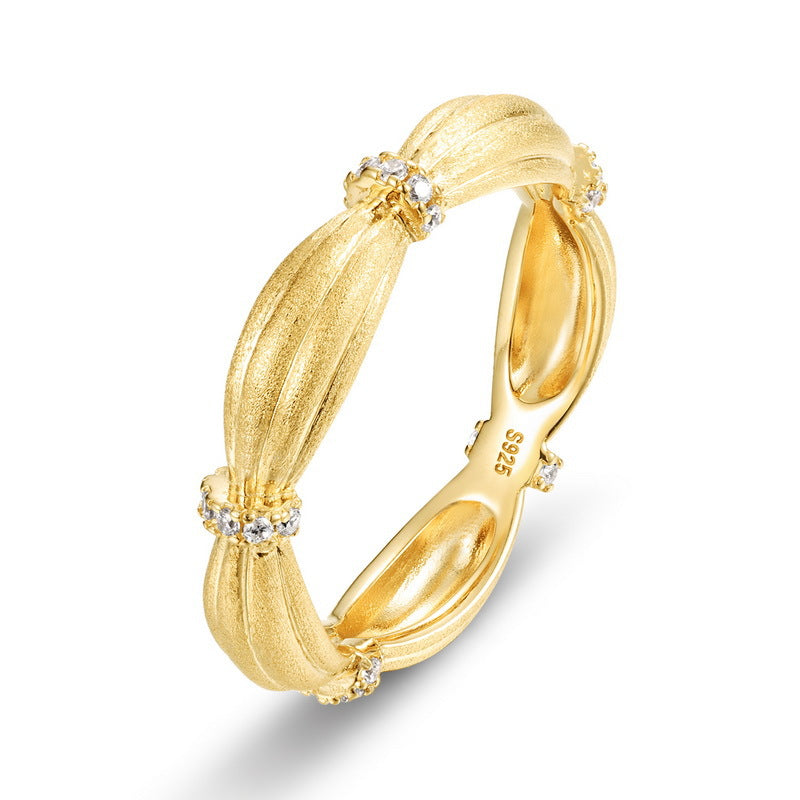 S925 Sterling Silver Gold-Plated Textured Silk Satin Zircon Ring